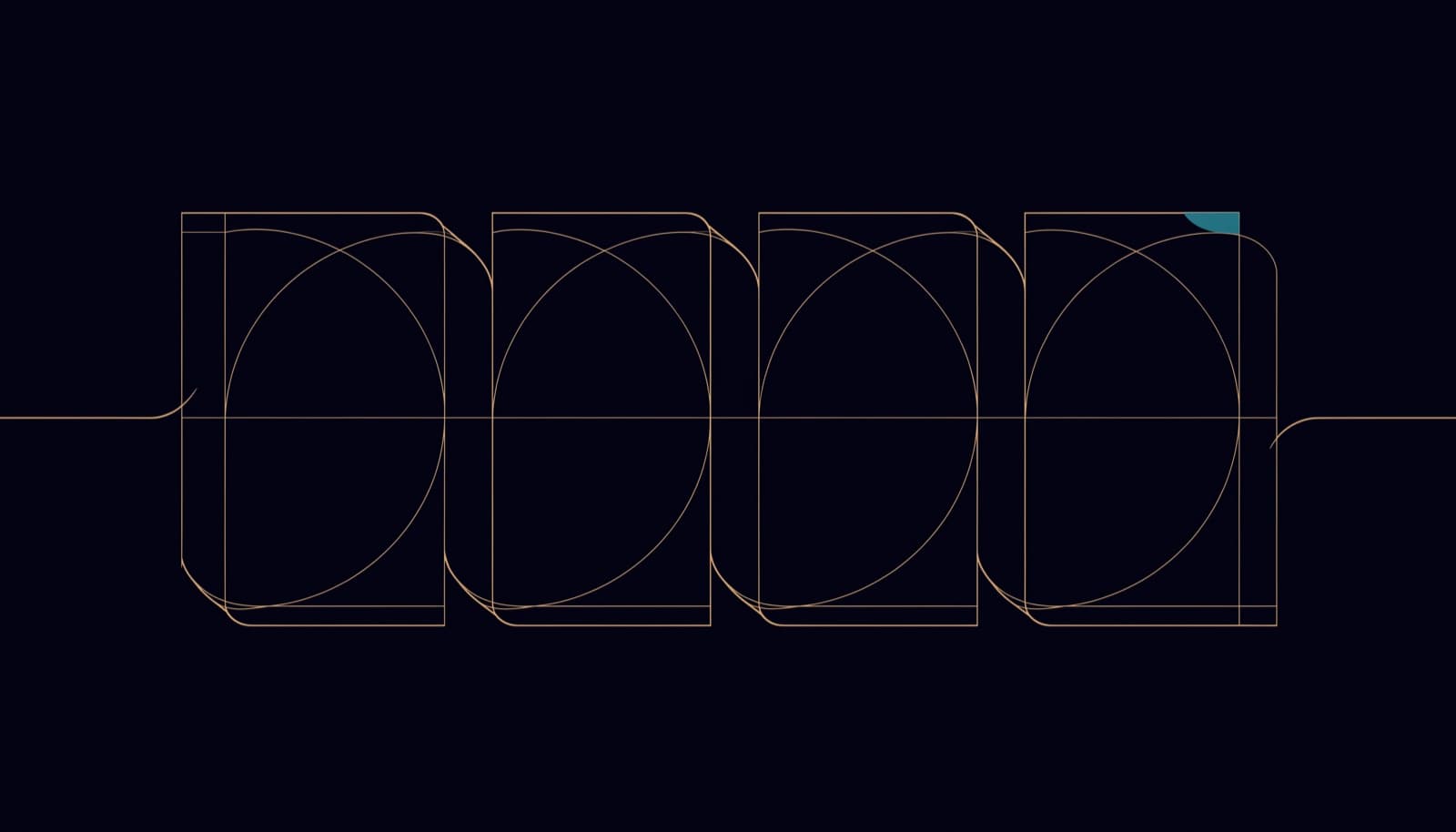 Abstract geometric line drawing: four upright rectangles in a row, each slightly overlapping the next and joined by one clean horizontal path, the final rectangle in teal, gold hairlines on dark navy.