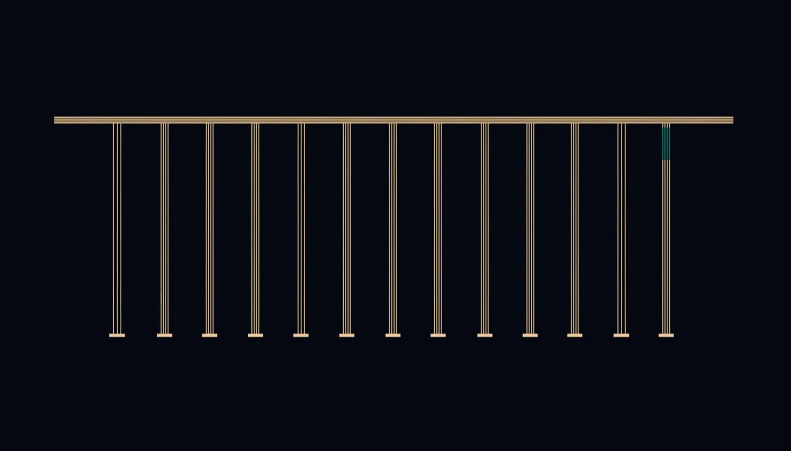 Abstract geometric line drawing: one long horizontal rail with thirteen slender columns suspended beneath it, each ending in a small footing, the rightmost column picked out in teal, gold hairlines on dark navy.