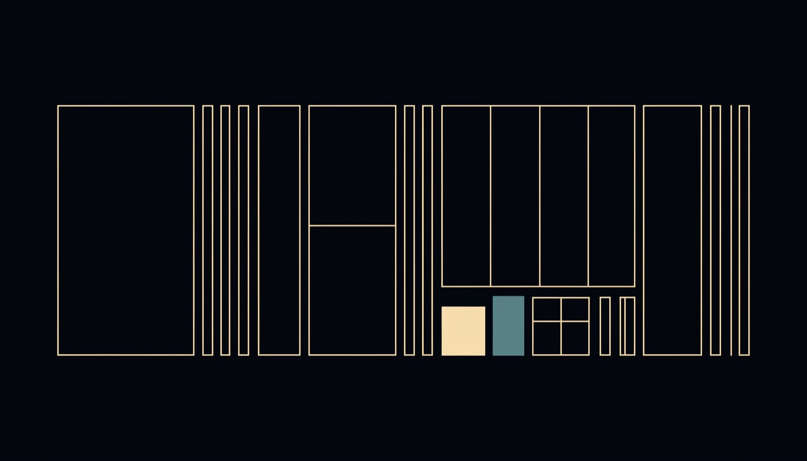 Abstract geometric line drawing: a row of tall rectangles of varying widths standing side by side like a facade, one panel filled solid gold and one filled solid teal low in the row, gold hairlines on dark navy.