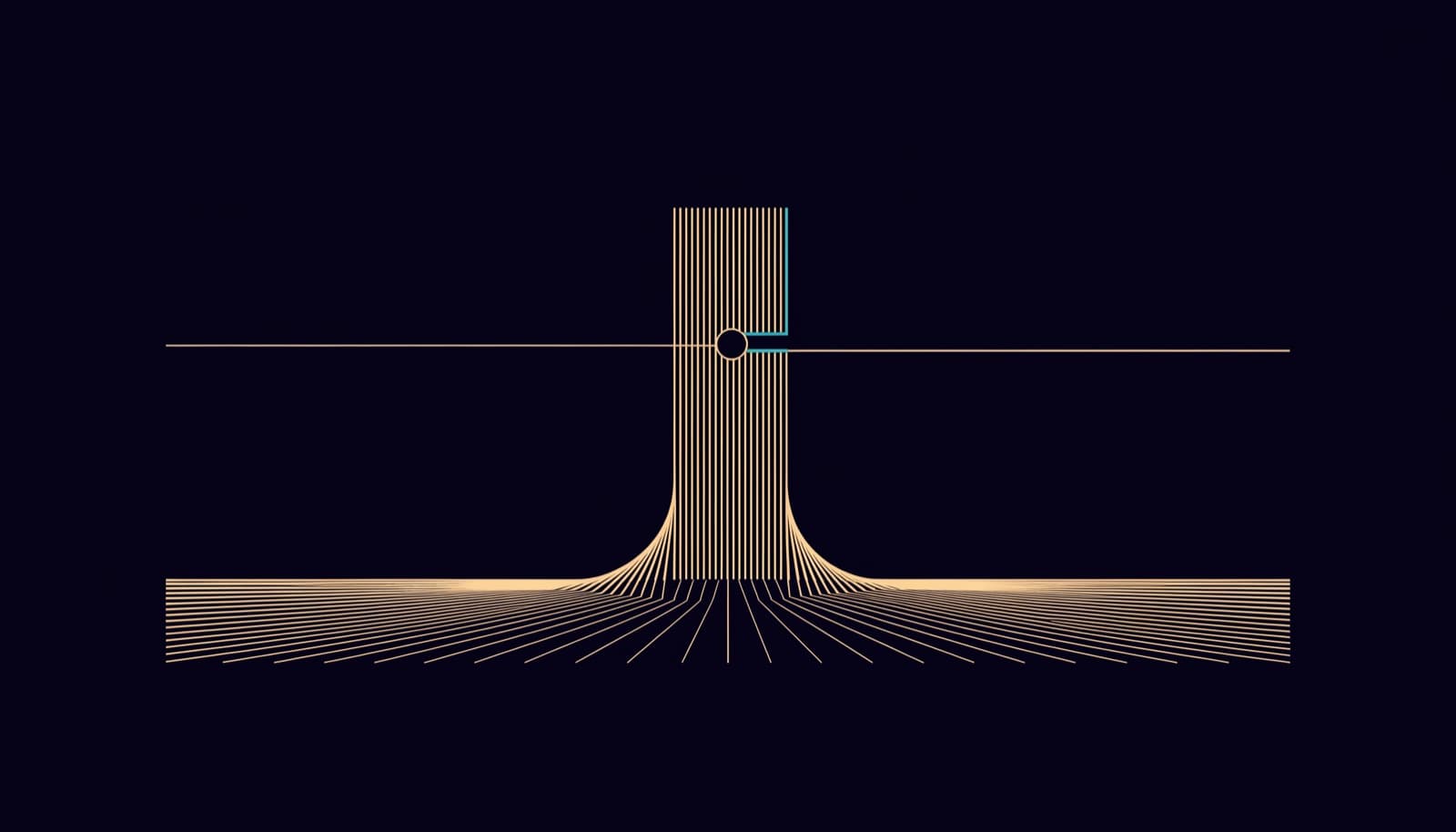 Abstract geometric line drawing: a structural column rising from a wide horizontal base with one clean horizontal rule crossing near its top, the crossing marked in teal, gold hairlines on dark navy.