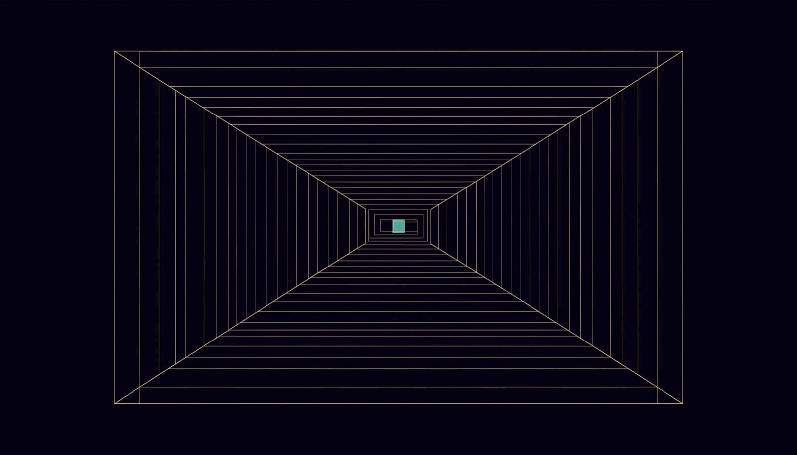 Abstract geometric line drawing: a one point perspective corridor of nested rectangles receding to a single small teal square at the centre, gold hairlines on dark navy.