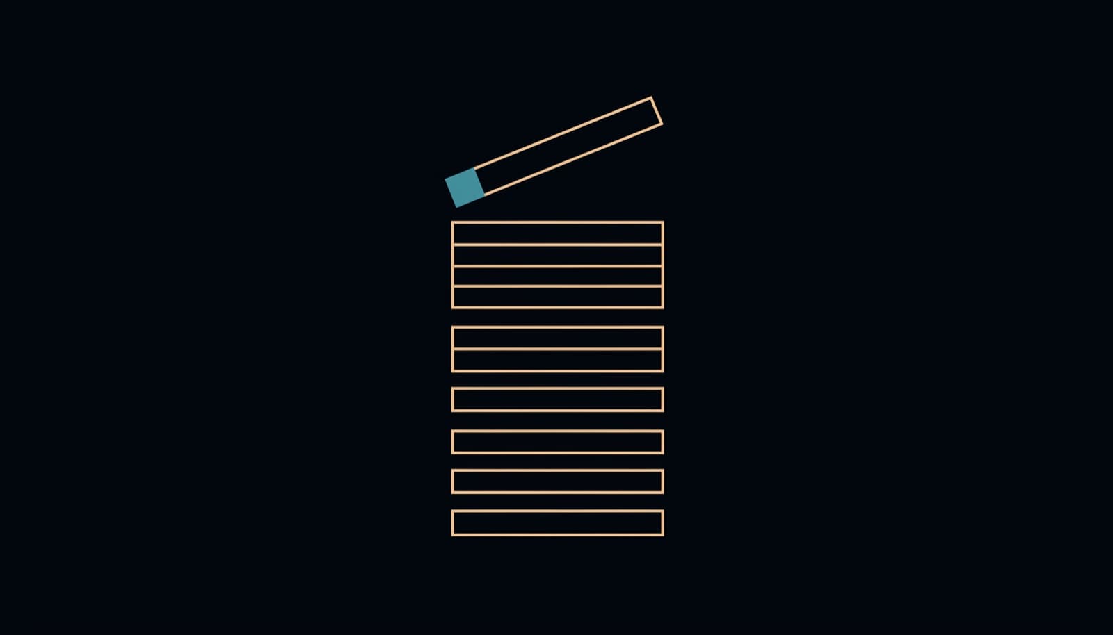 Abstract geometric line drawing: a stack of horizontal bars of differing lengths with the top bar lifted clear of the stack and drawn heavier in teal, gold hairlines on dark navy.